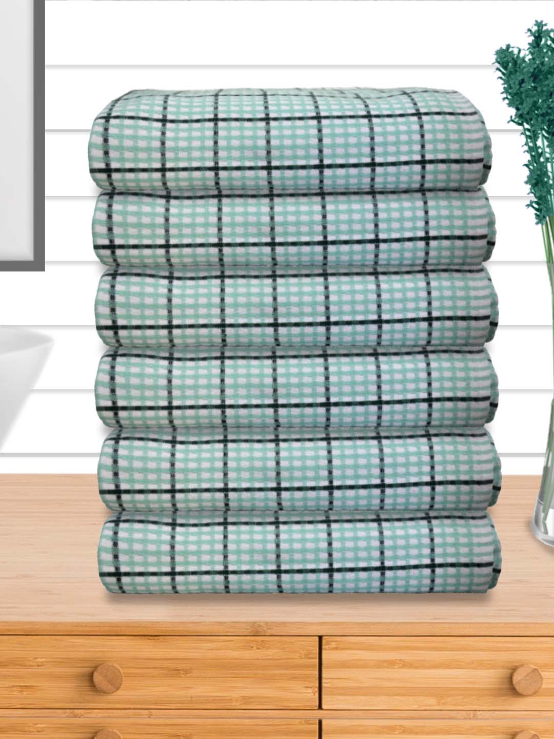 Premium Mint Green Checkered Cotton Bath Towel (Pack of 6) by Athom Living - Athom Living