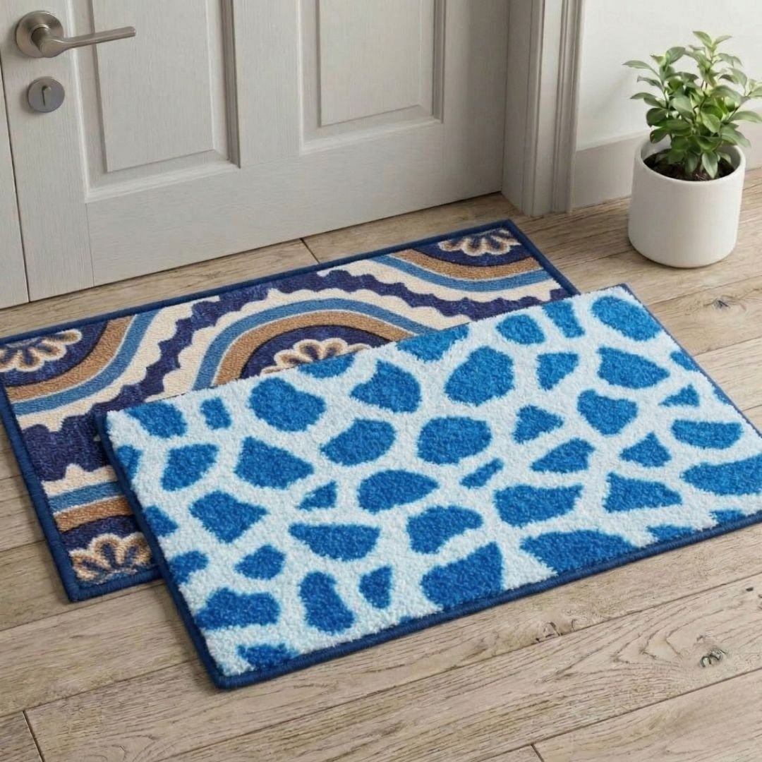 Premium Multicolor Doormat & Blue Bathmat Combo Set of 2 by Athom Living - Athom Living