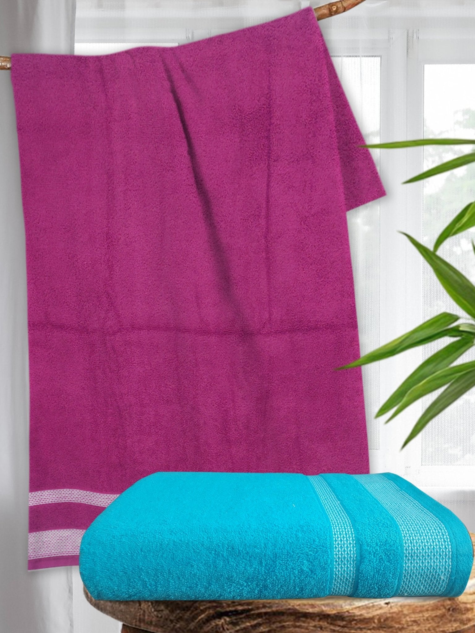 Premium Pink & Blue Cotton Bath Towel (Pack of 2) by Athom Living - Athom Living