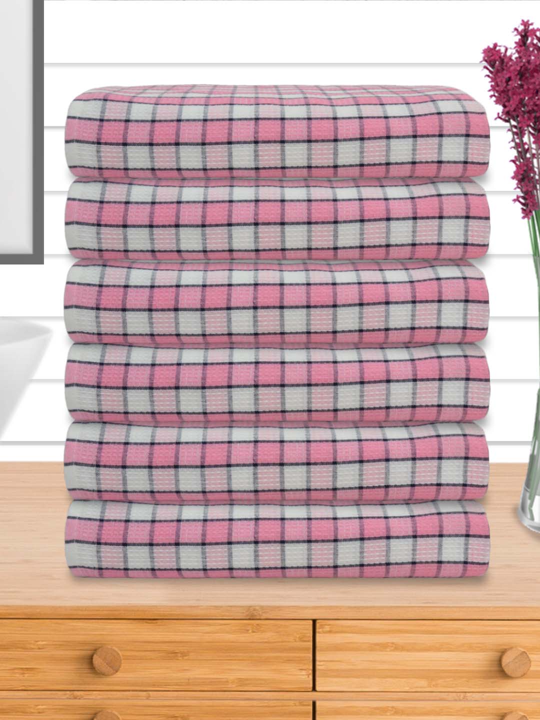 Premium Pink Checkered Cotton Bath Towel (Pack of 6) by Athom Living - Athom Living