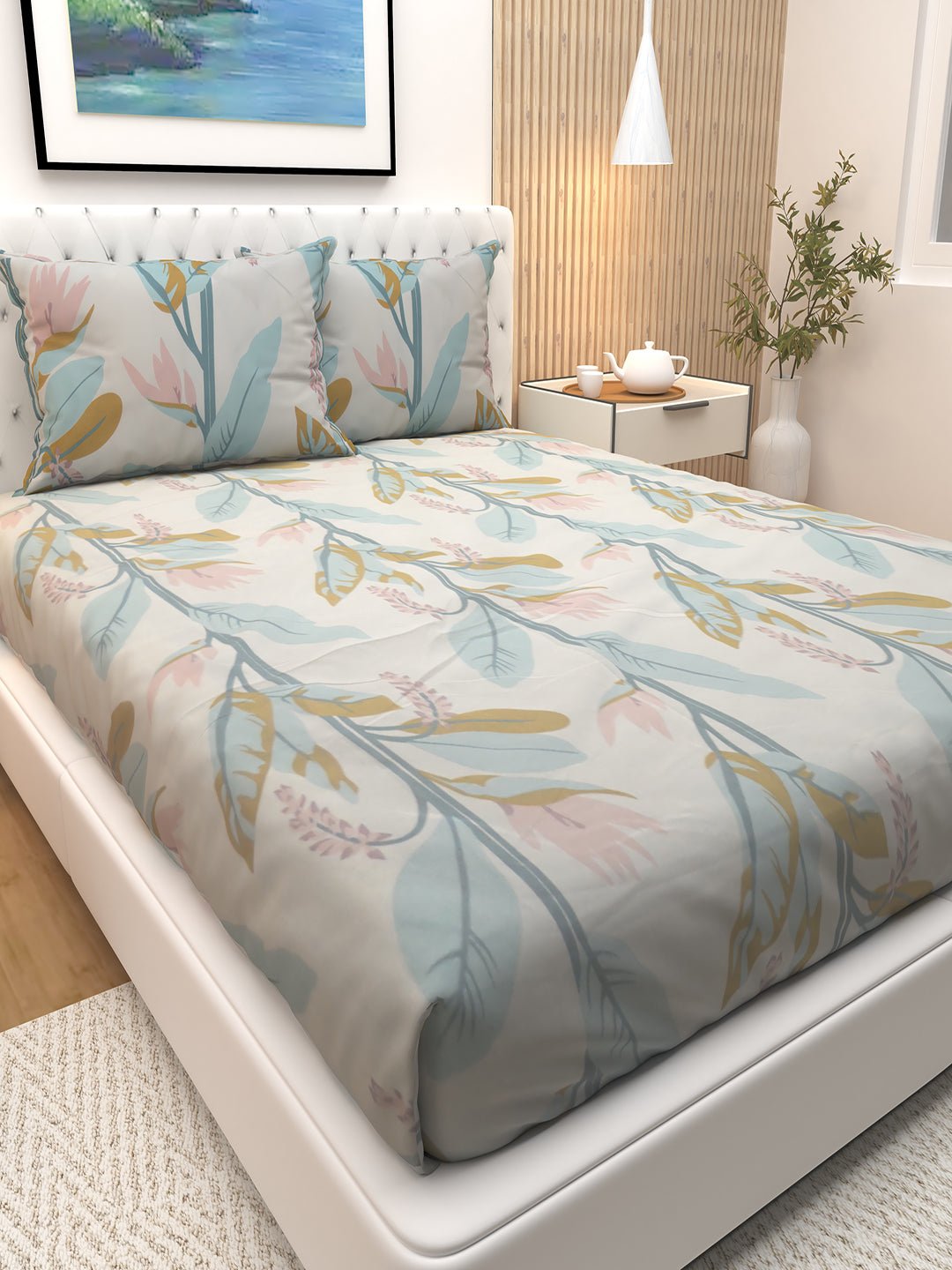 Premium Possy Grey Plant Theme Double Bedsheet with 2 Pillow Covers by Athom Living - Athom Living