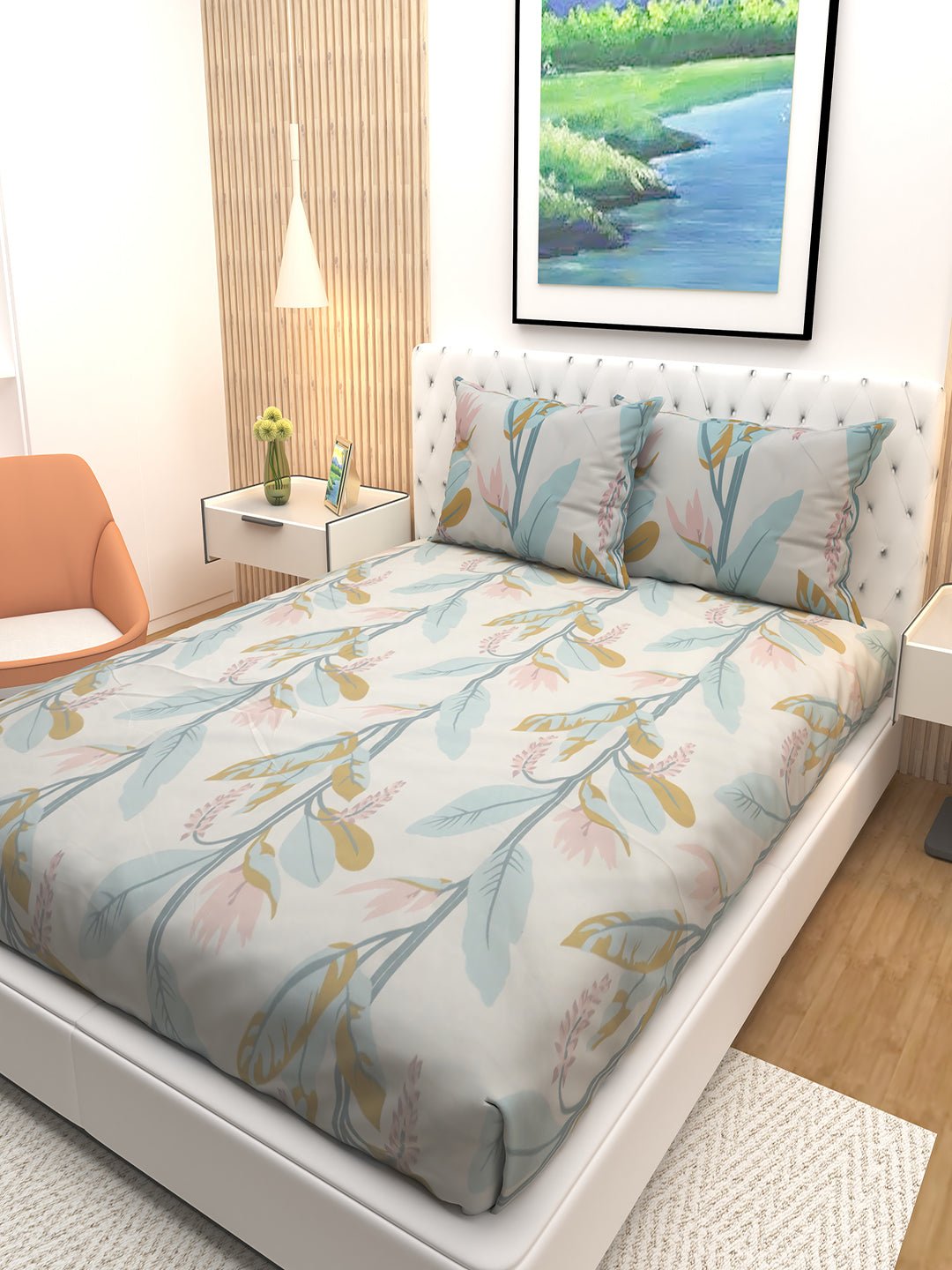 Premium Possy Grey Plant Theme Double Bedsheet with 2 Pillow Covers by Athom Living - Athom Living