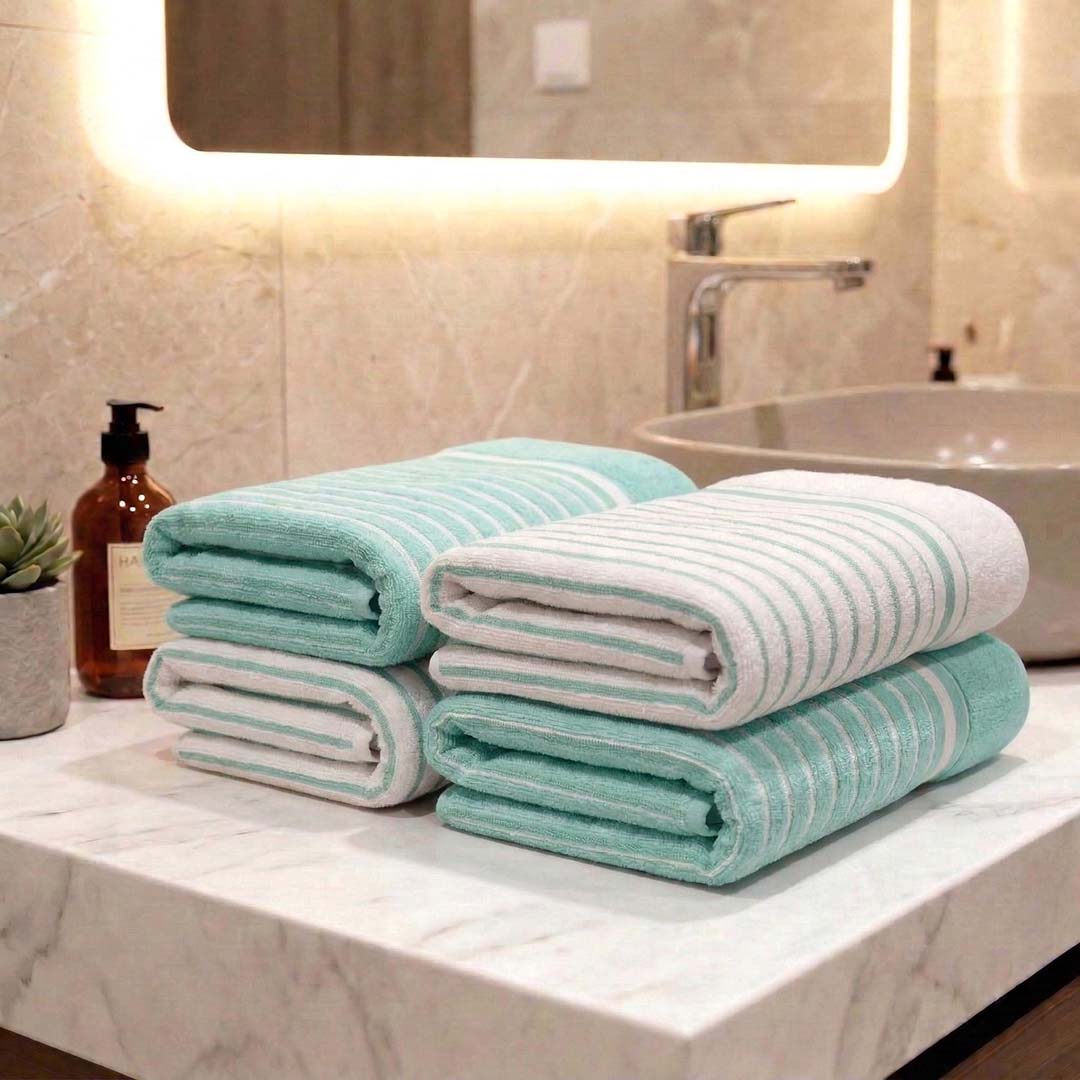 Premium Sea Green and White with Sea Green Stripes Cotton Hand Towels - Cotton Pack of 4 by Athom Living - Athom Living