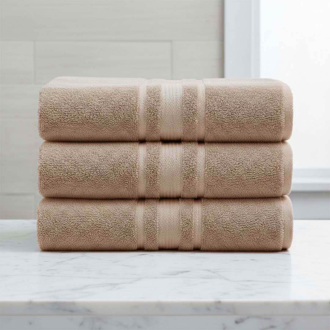 Premium Solid Beige Cotton Bath Towel (Pack of 3) by Athom Living - Athom Living