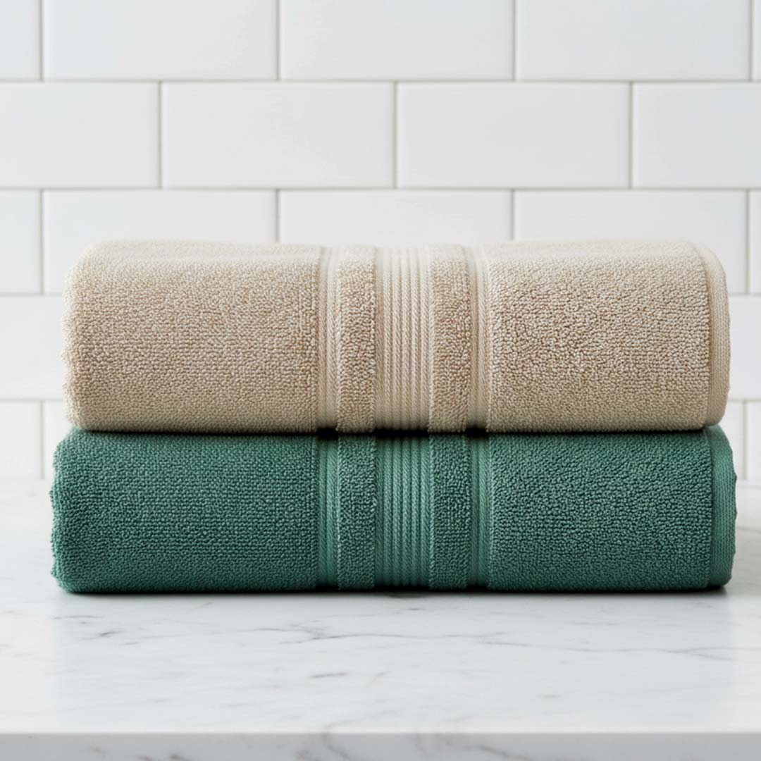 Premium Solid Beige & Dark Green Cotton Bath Towel (Pack of 2) by Athom Living - Athom Living