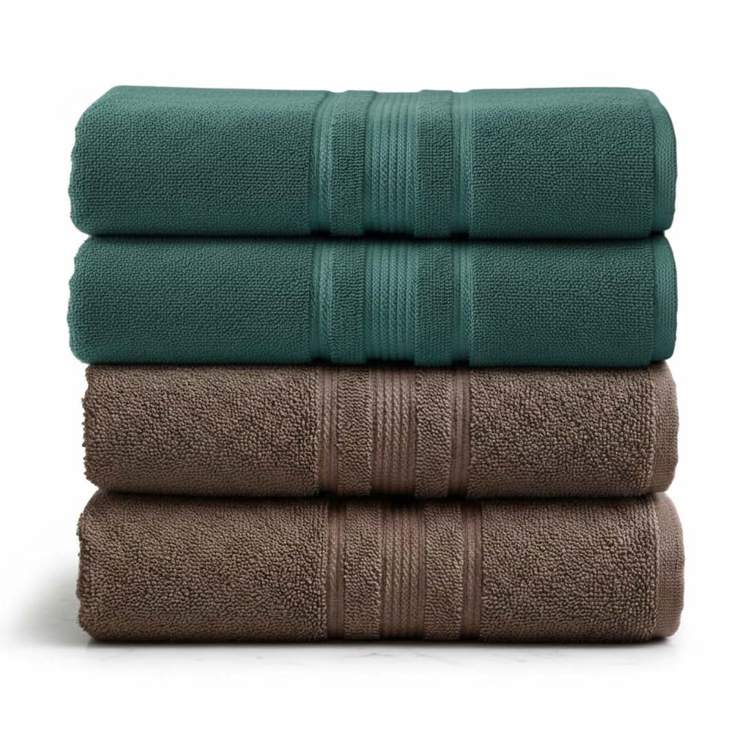 Premium Solid Brown & Green Cotton Bath Towel (Pack of 4) by Athom Living - Athom Living