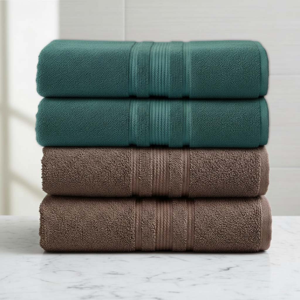 Premium Solid Brown & Green Cotton Bath Towel (Pack of 4) by Athom Living - Athom Living