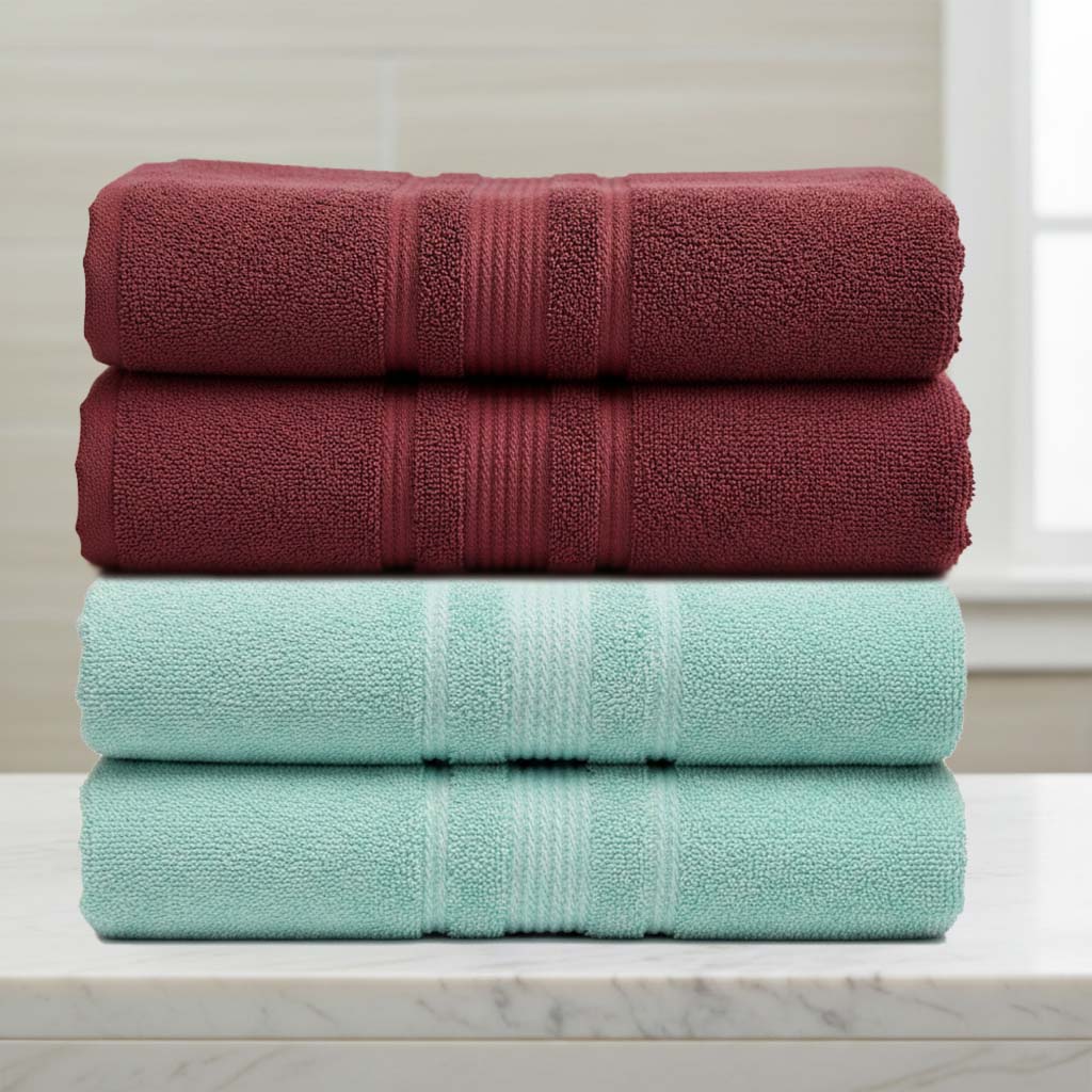Premium Solid Green & Maroon Cotton Bath Towel (Pack of 4) by Athom Living - Athom Living