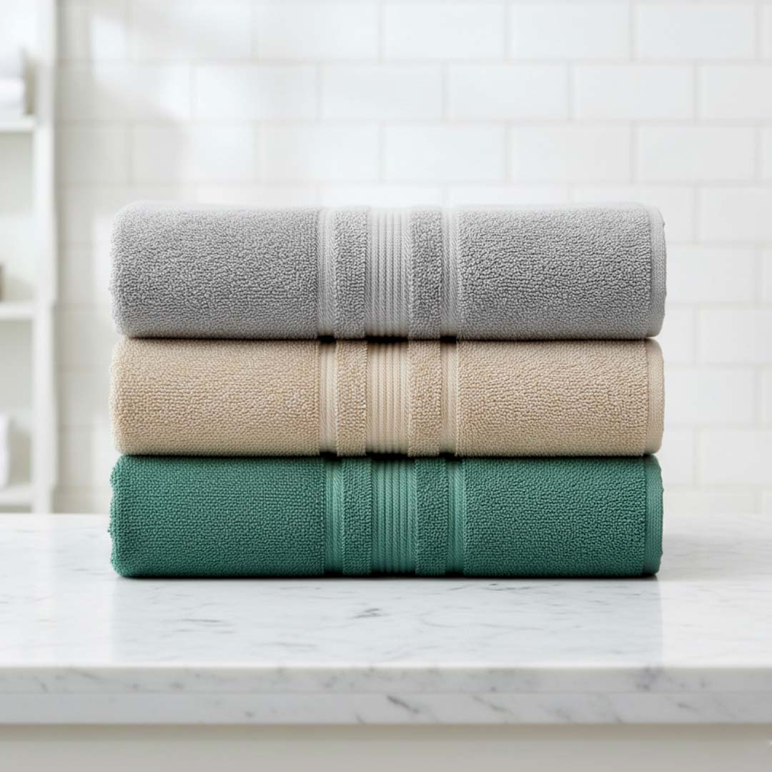 Premium Solid Grey, Beige, Dark Green Cotton Bath Towel (Pack of 3) by Athom Living - Athom Living