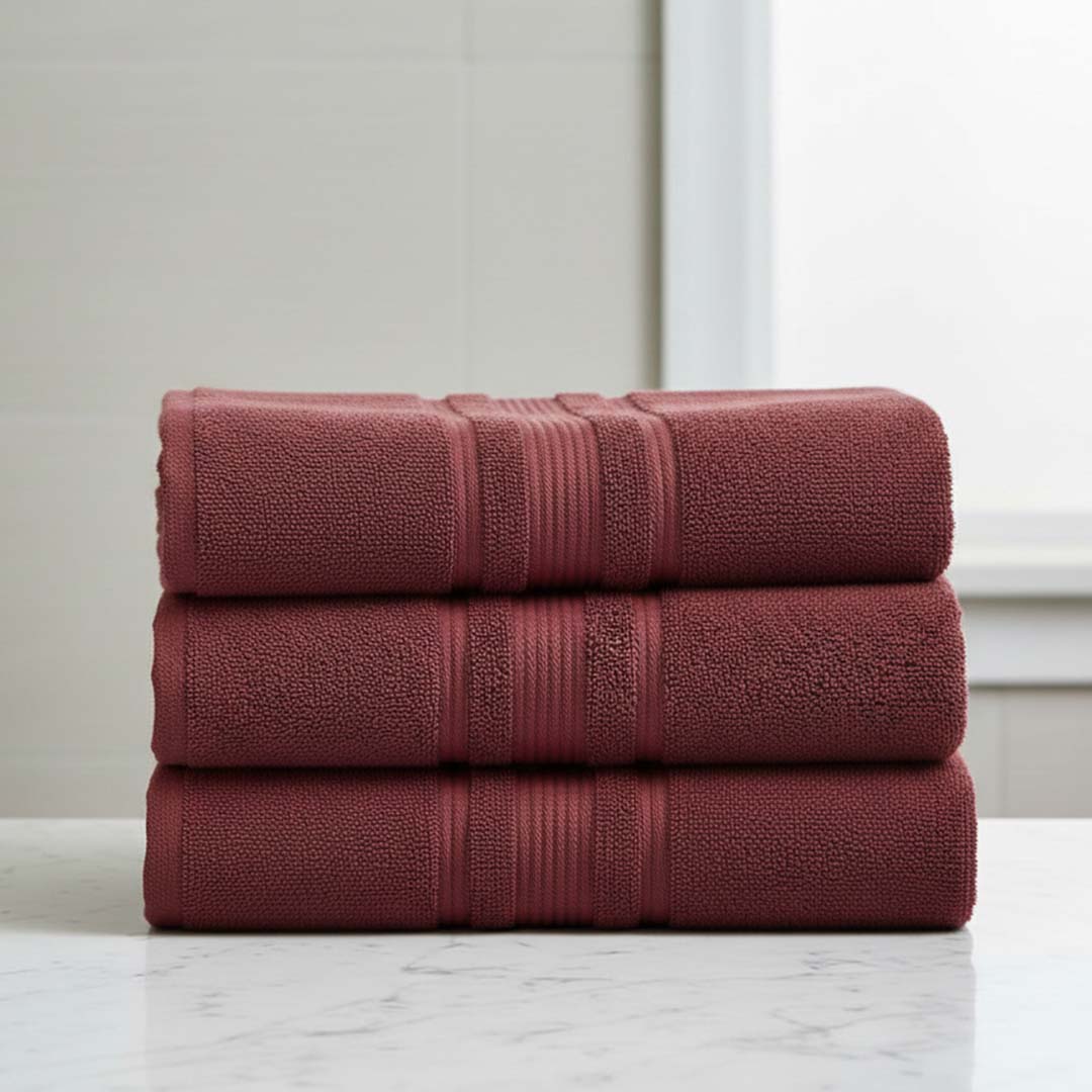 Premium Solid Maroon Cotton Bath Towel (Pack of 3) by Athom Living - Athom Living