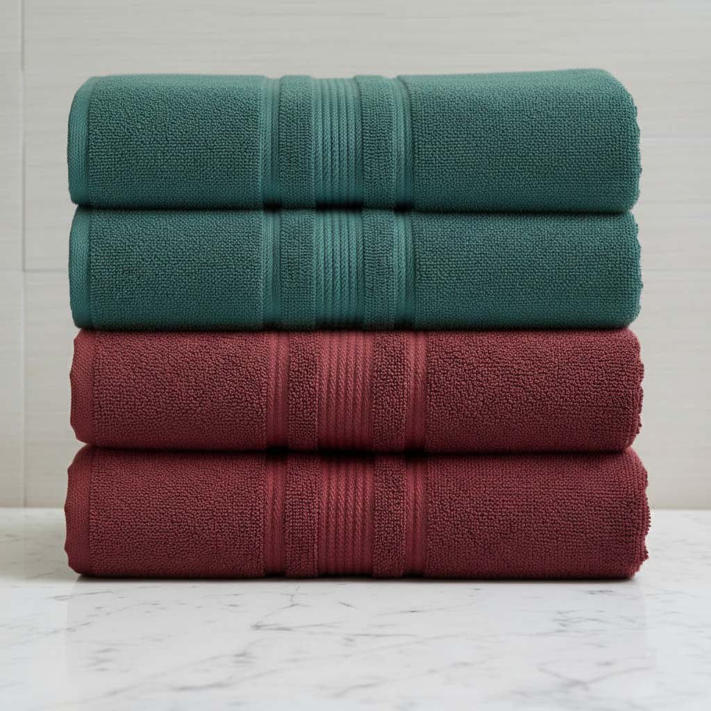 Premium Solid Maroon & Green Cotton Bath Towel (Pack of 4) by Athom Living - Athom Living