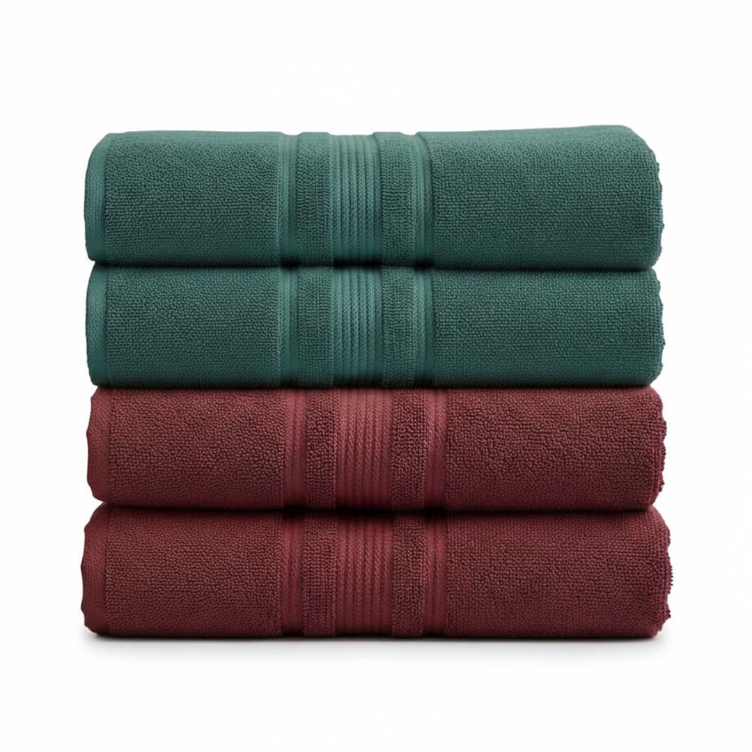 Premium Solid Maroon & Green Cotton Bath Towel (Pack of 4) by Athom Living - Athom Living