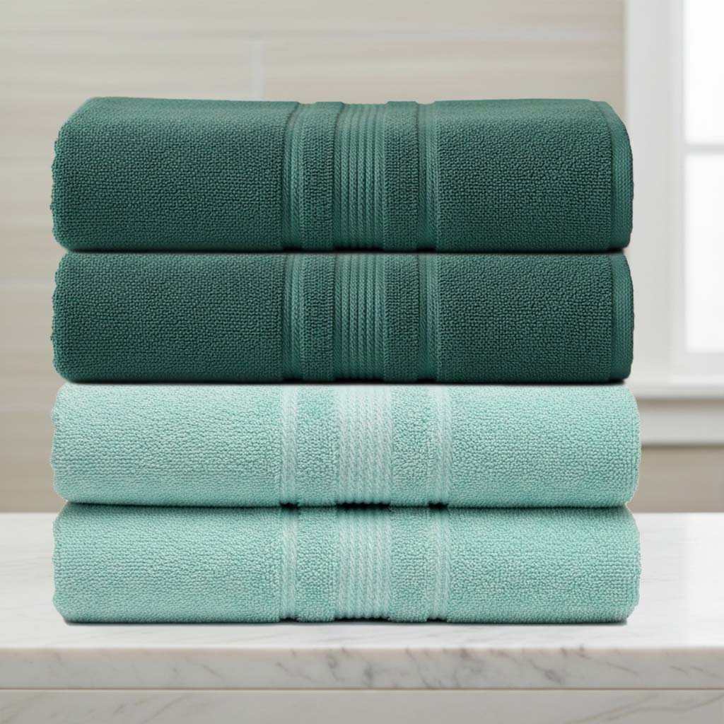 Premium Solid Water & Dark Green Cotton Bath Towel (Set of 4) by Athom Living - Athom Living