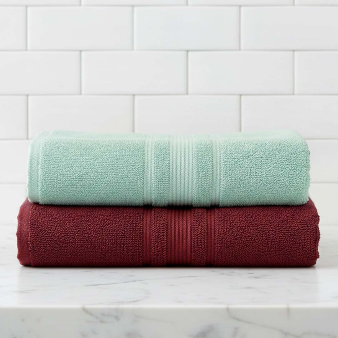 Premium Solid Water Green & Maroon Cotton Bath Towel (Pack of 2) by Athom Living - Athom Living