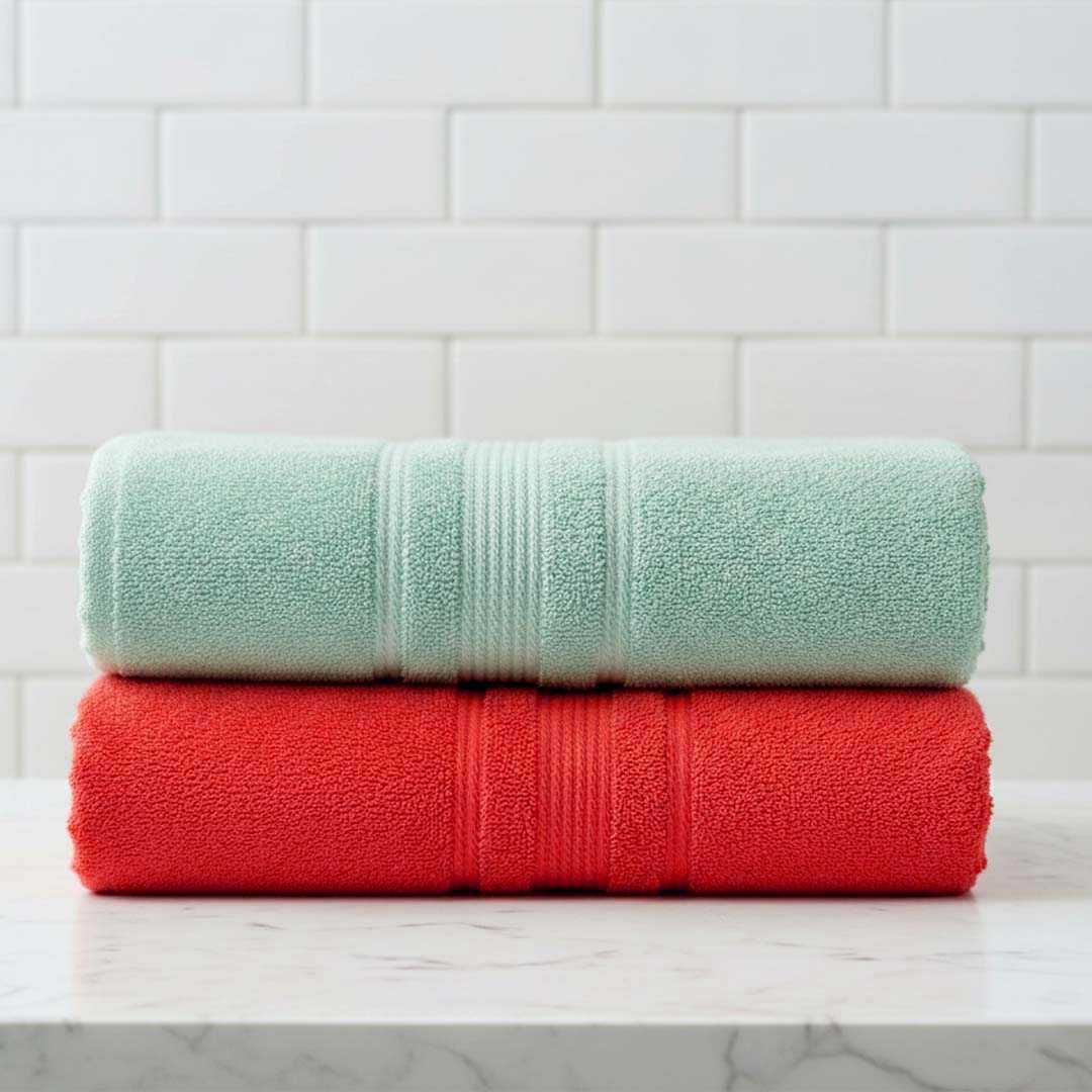 Premium Solid Water Green & Red Cotton Bath Towel (Pack of 2) by Athom Living - Athom Living