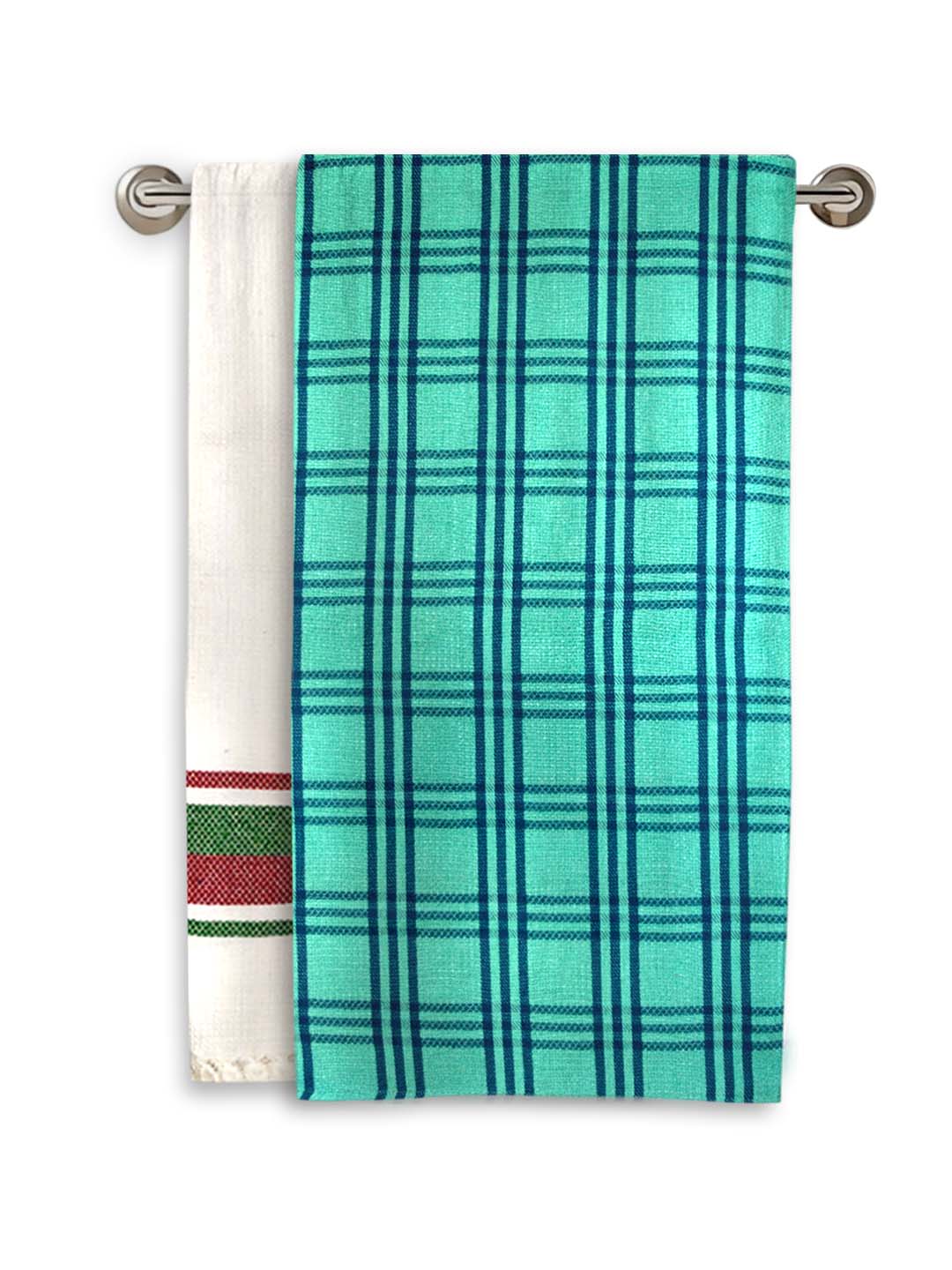 Premium White & Green Waffle Coton Bath Towel (Pack of 2) by Athom Living - Athom Living