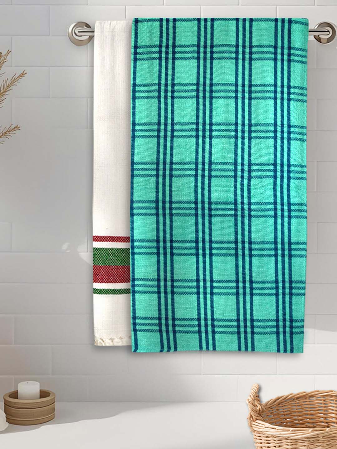 Premium White & Green Waffle Coton Bath Towel (Pack of 2) by Athom Living - Athom Living