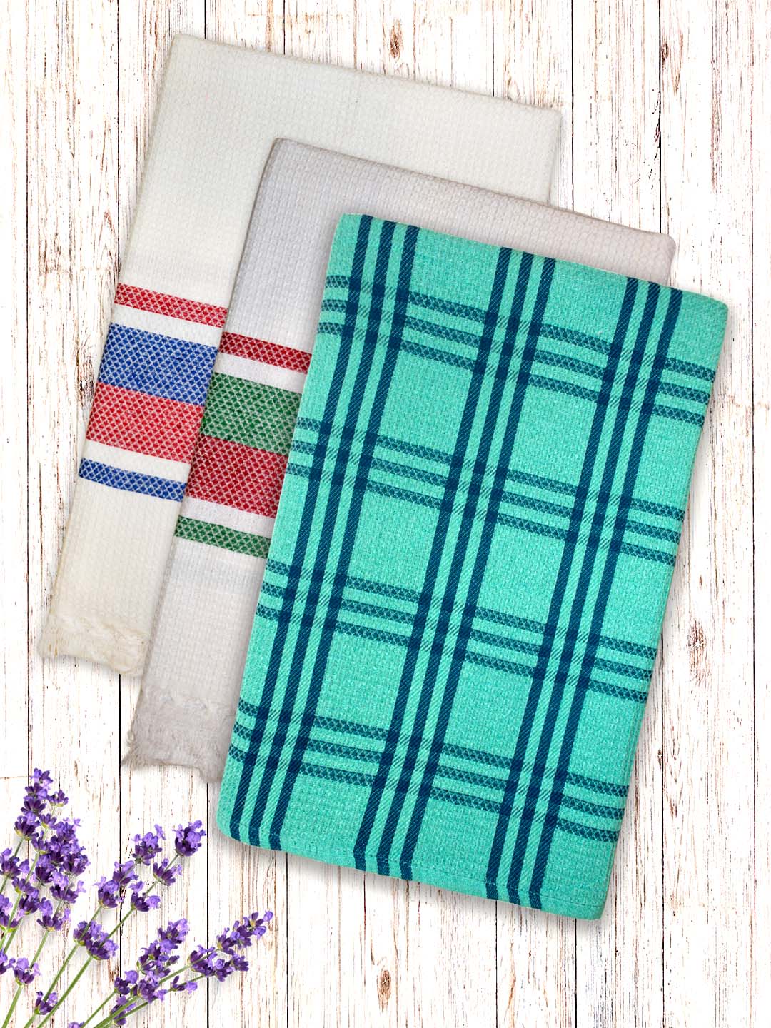 Premium White & Green Waffle Coton Bath Towel (Pack of 3) by Athom Living - Athom Living