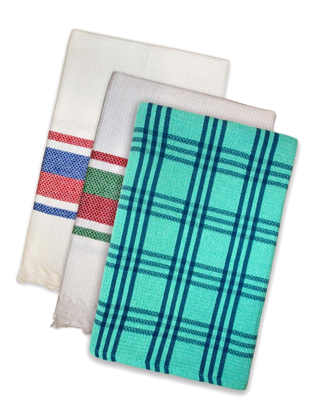 Premium White & Green Waffle Coton Bath Towel (Pack of 3) by Athom Living - Athom Living