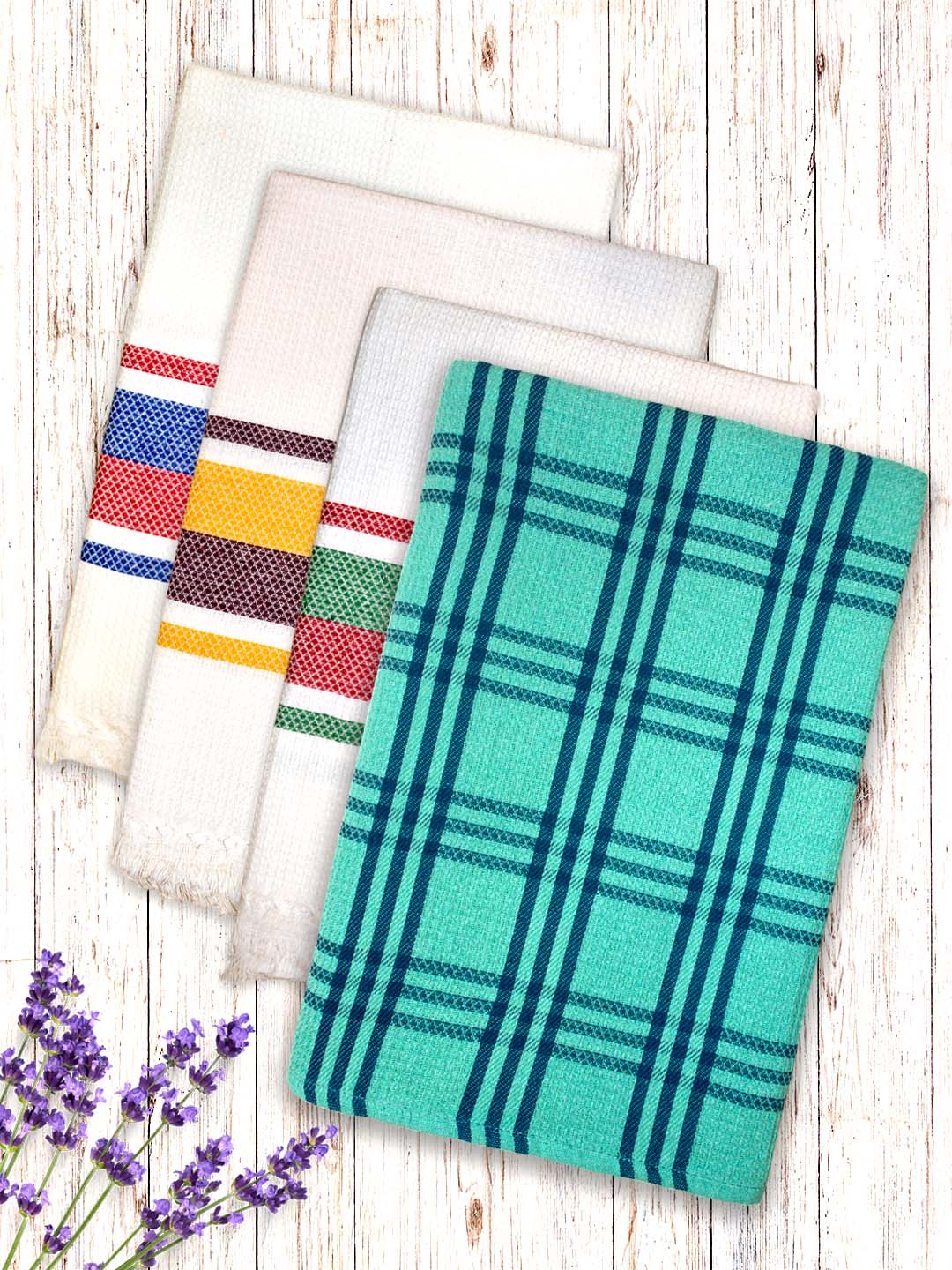Premium White & Green Waffle Coton Bath Towel (Pack of 4) by Athom Living - Athom Living