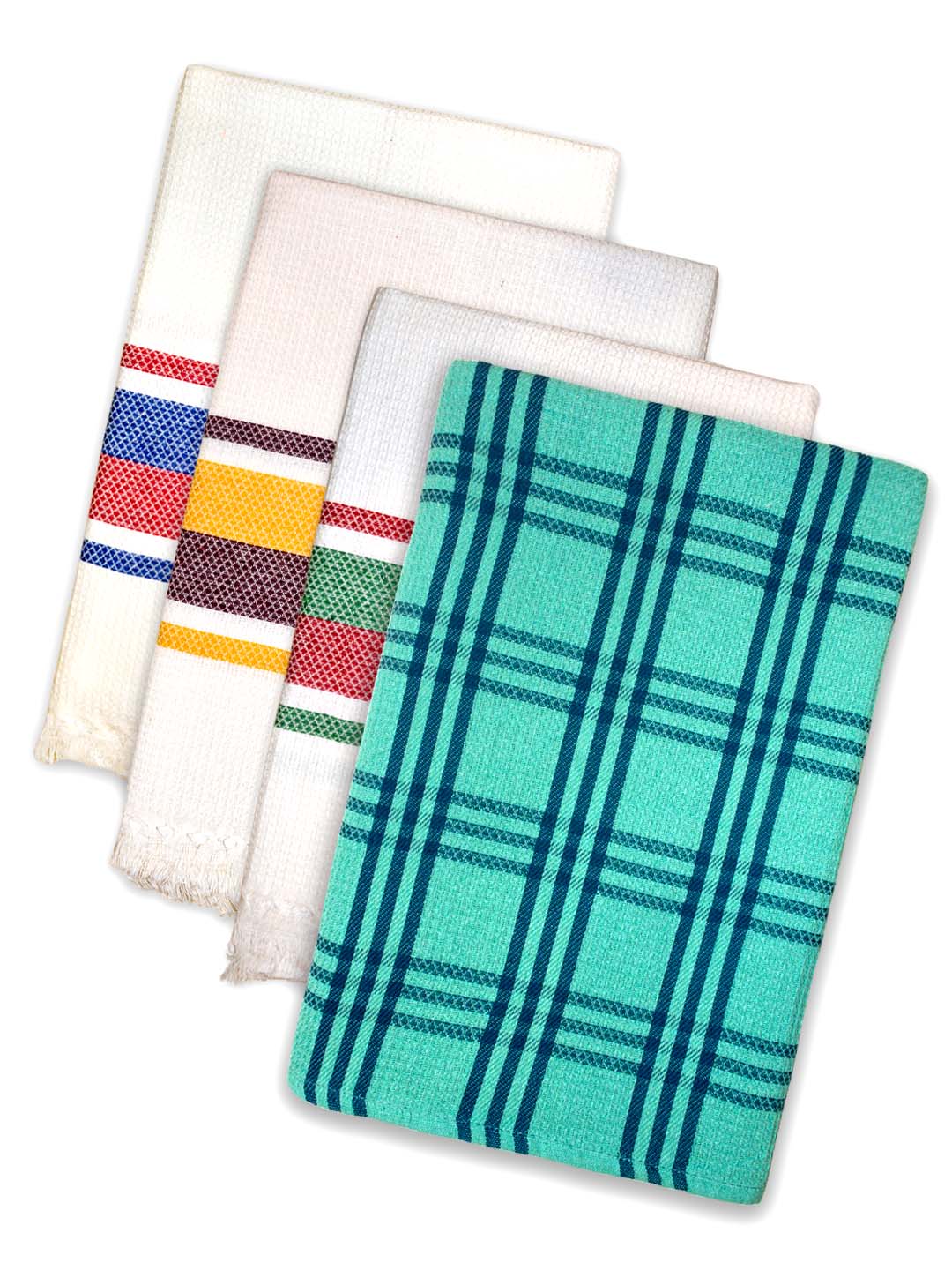 Premium White & Green Waffle Coton Bath Towel (Pack of 4) by Athom Living - Athom Living