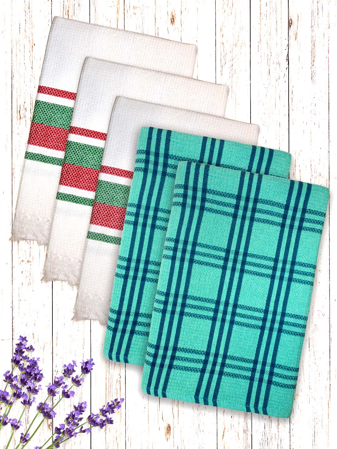 Premium White & Green Waffle Coton Bath Towel (Pack of 5) by Athom Living - Athom Living
