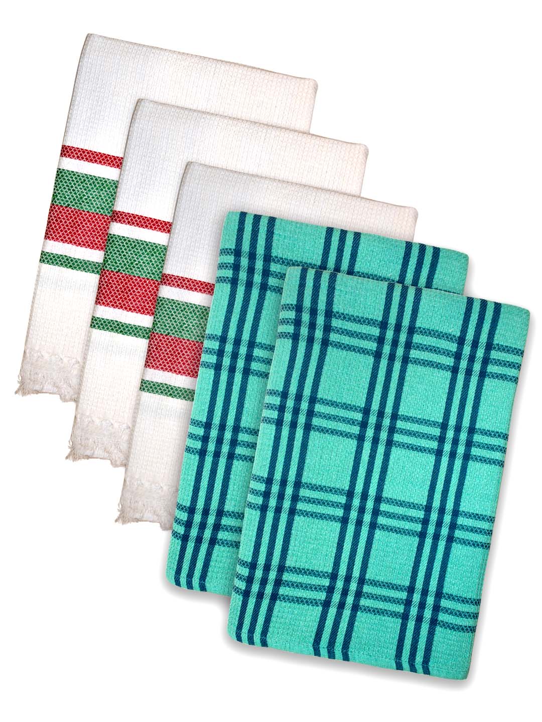 Premium White & Green Waffle Coton Bath Towel (Pack of 5) by Athom Living - Athom Living