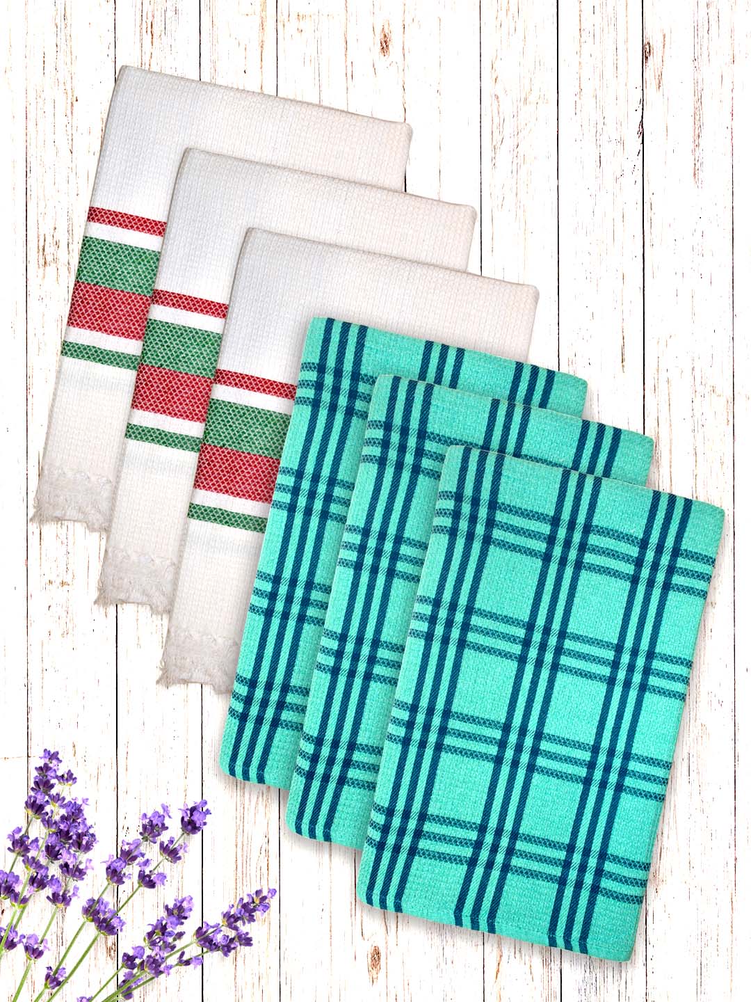 Premium White & Green Waffle Coton Bath Towel (Pack of 6) by Athom Living - Athom Living