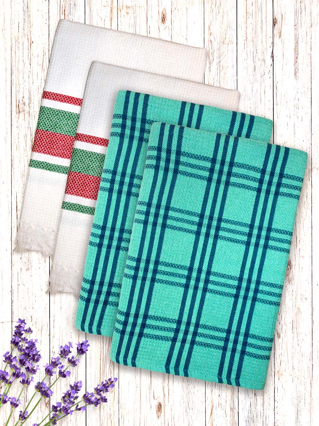 Premium White & Green Waffle Coton Bath Towel (Set of 4) by Athom Living - Athom Living