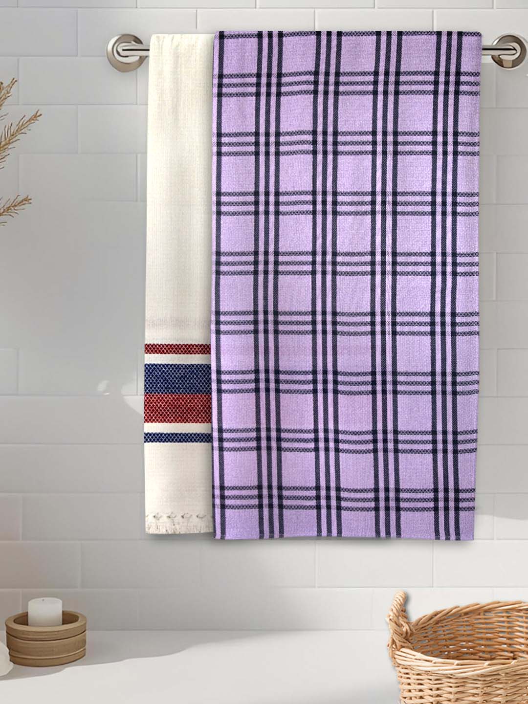 Premium White & Lavender Waffle Coton Bath Towel (Pack of 2) by Athom Living - Athom Living