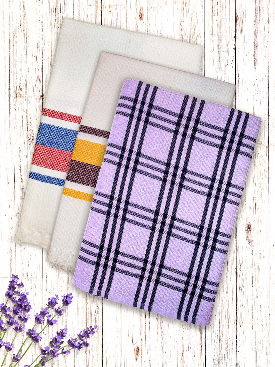Premium White & Lavender Waffle Coton Bath Towel (Pack of 3) by Athom Living - Athom Living