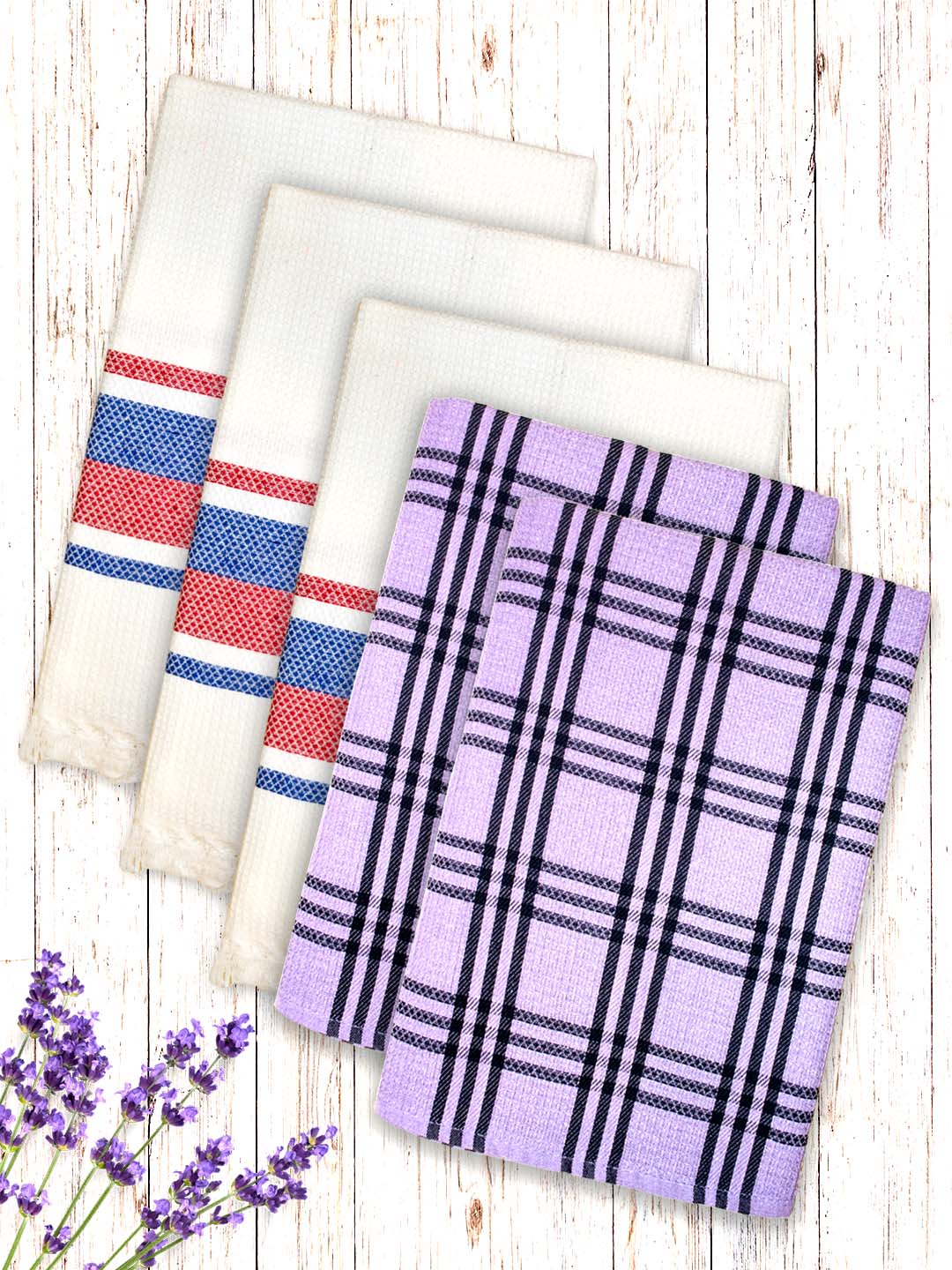Premium White & Lavender Waffle Coton Bath Towel (Pack of 5) by Athom Living - Athom Living