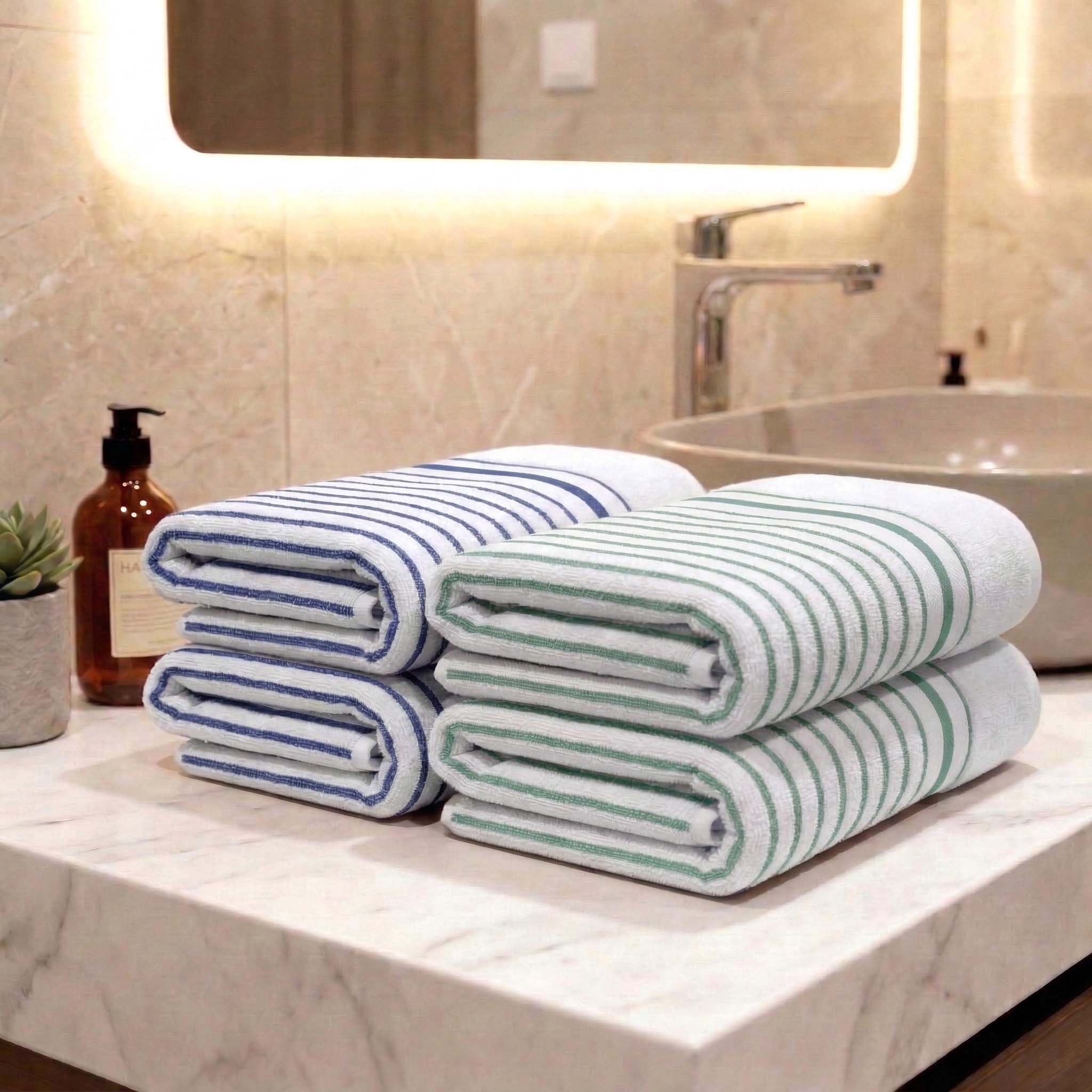 Premium White with Blue & Sea Green Stripes Cotton Hand Towels - Cotton Pack of 4 by Athom Living - Athom Living
