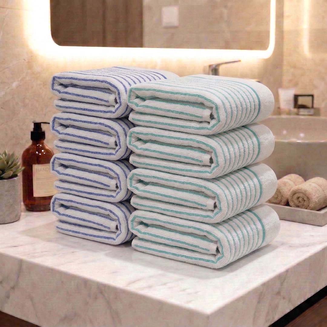 Premium White with Blue & Sea Green Stripes Cotton Hand Towels - Cotton Pack of 8 by Athom Living - Athom Living