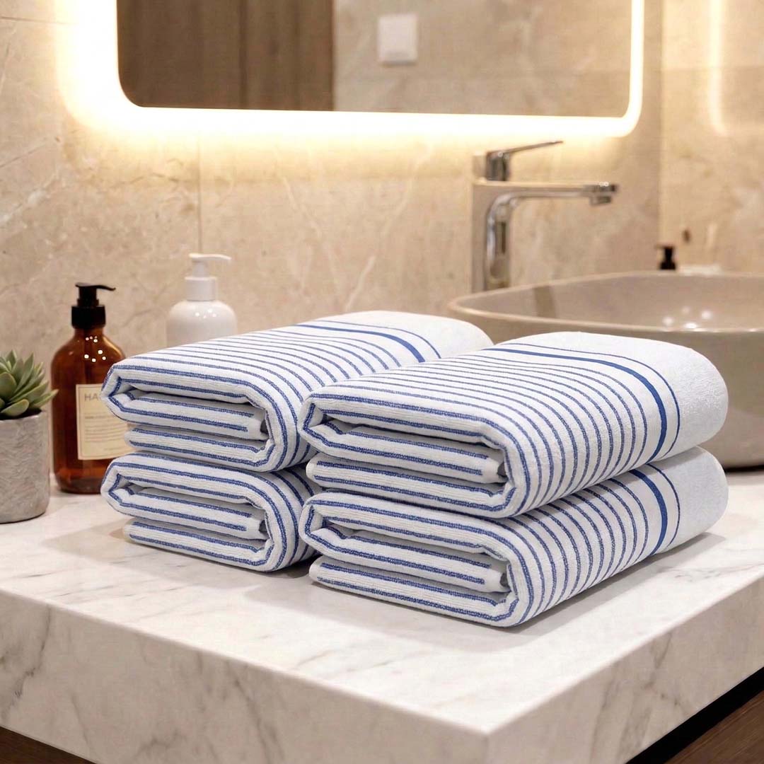 Premium White with Blue Stripes Cotton Hand Towels - Cotton Pack of 4 by Athom Living - Athom Living