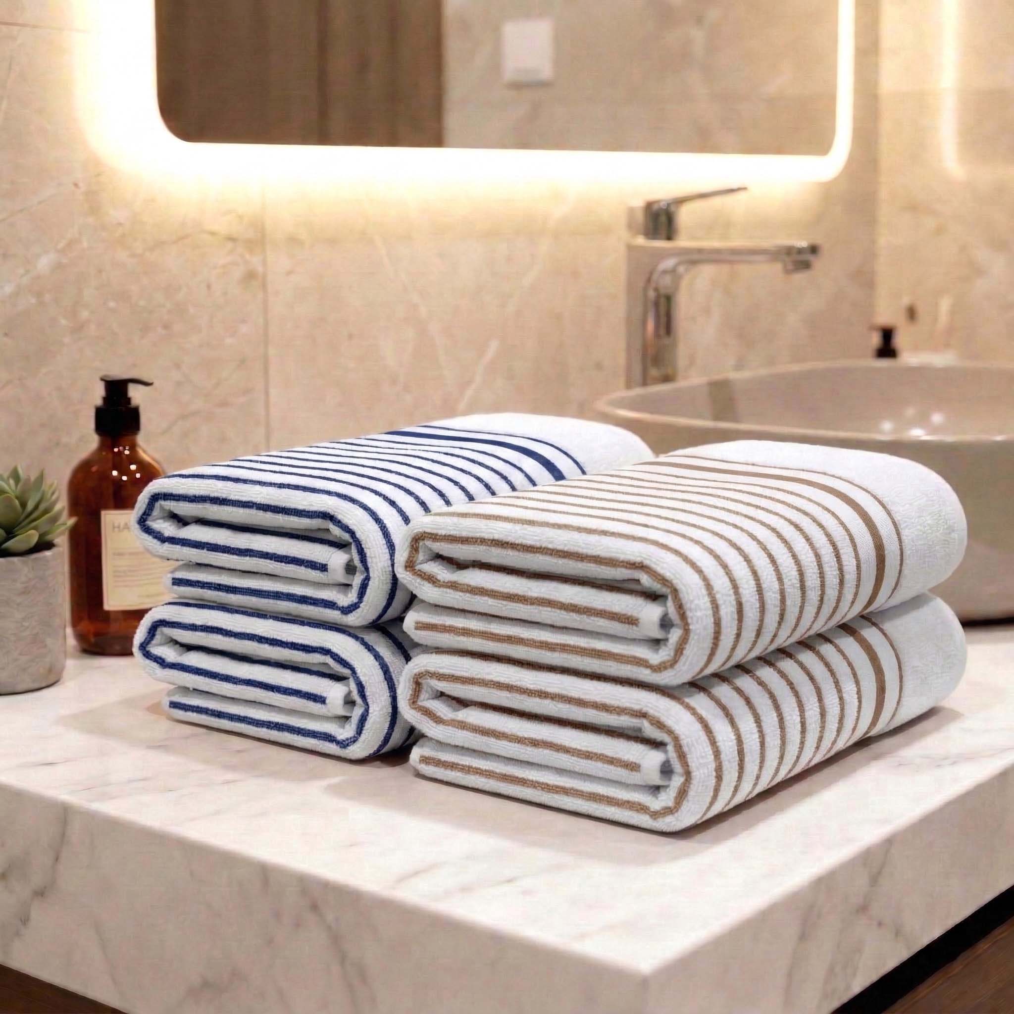 Premium White with Brown & Blue Stripes Cotton Hand Towels - Cotton Pack of 4 by Athom Living - Athom Living