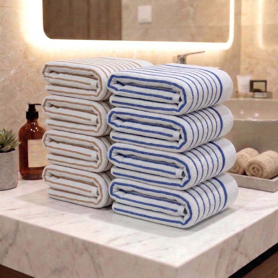 Premium White with Brown & Blue Stripes Cotton Hand Towels - Cotton Pack of 8 by Athom Living - Athom Living