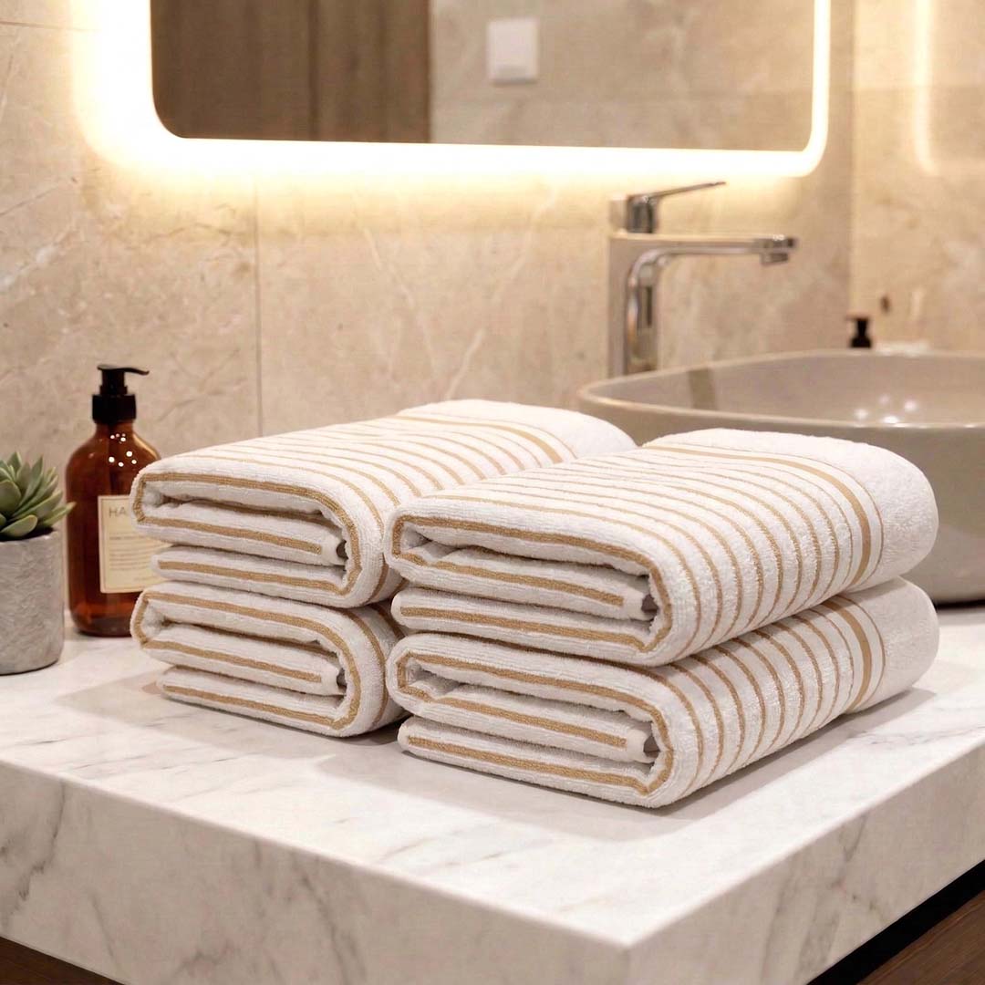 Premium White with Brown Stripes Cotton Hand Towels - Cotton Pack of 4 by Athom Living - Athom Living