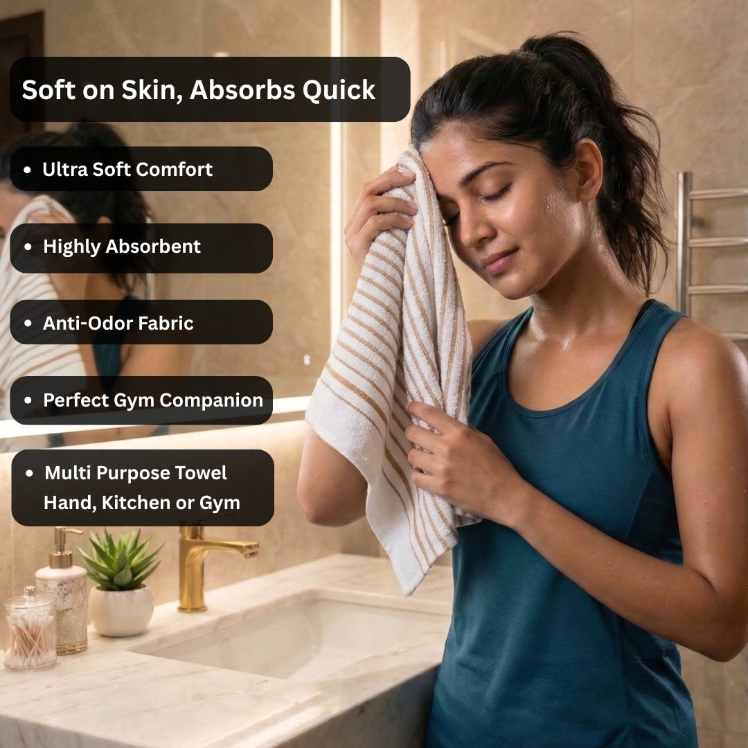 Premium White with Brown Stripes Cotton Hand Towels - Cotton Pack of 4 by Athom Living - Athom Living