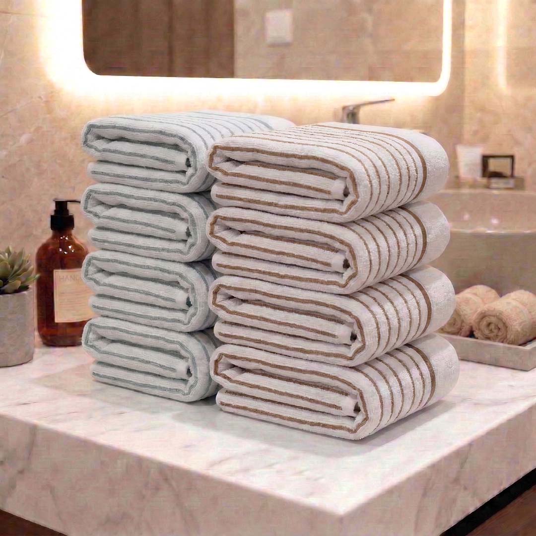 Premium White with Grey & Brown Stripes Cotton Hand Towels - Cotton Pack of 8 by Athom Living - Athom Living