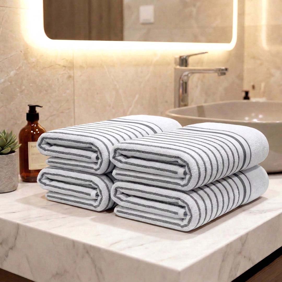 Premium White with Grey Stripes Cotton Hand Towels - Cotton Pack of 4 by Athom Living - Athom Living