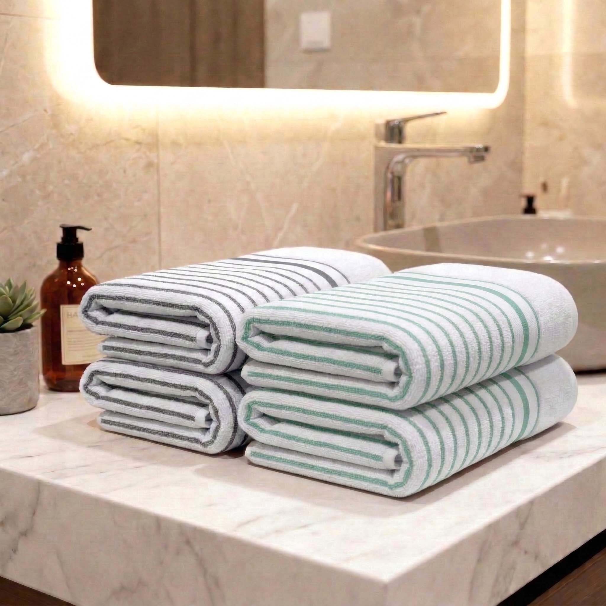 Premium White with Sea Green & Grey Stripes Cotton Hand Towels - Cotton Pack of 4 by Athom Living - Athom Living