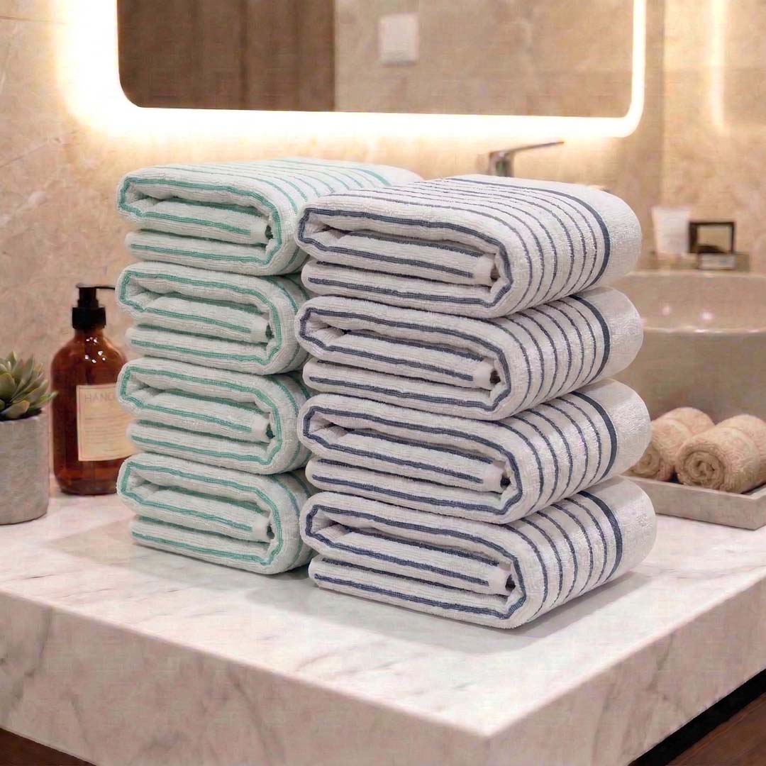 Premium White with Sea Green & Grey Stripes Cotton Hand Towels - Cotton Pack of 8 by Athom Living - Athom Living