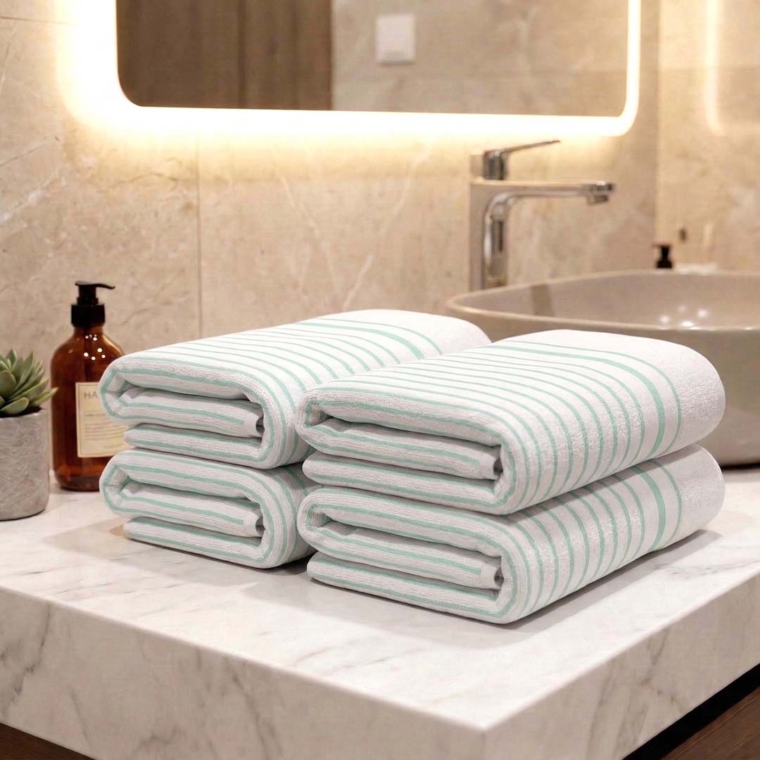 Premium White with Sea Green Stripes Cotton Hand Towels - Cotton Pack of 4 by Athom Living - Athom Living