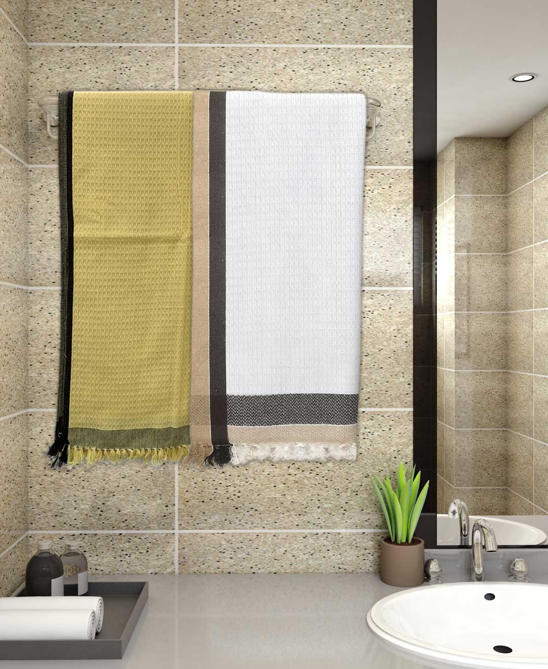 Premium Yellow & White Light Weight Cotton Bath Towel (Pack of 2) by Athom Living - Athom Living