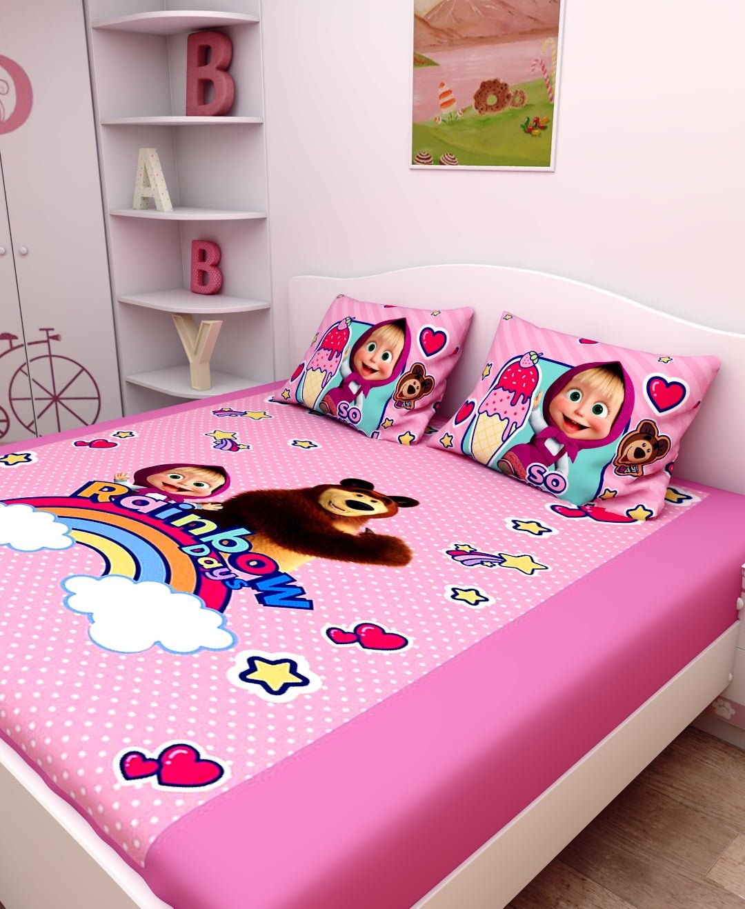 Rainbow Bags Masha and The Bear Cotton Kids Double Bedsheet 2 Pillow Cover by Athom Living - Athom Living