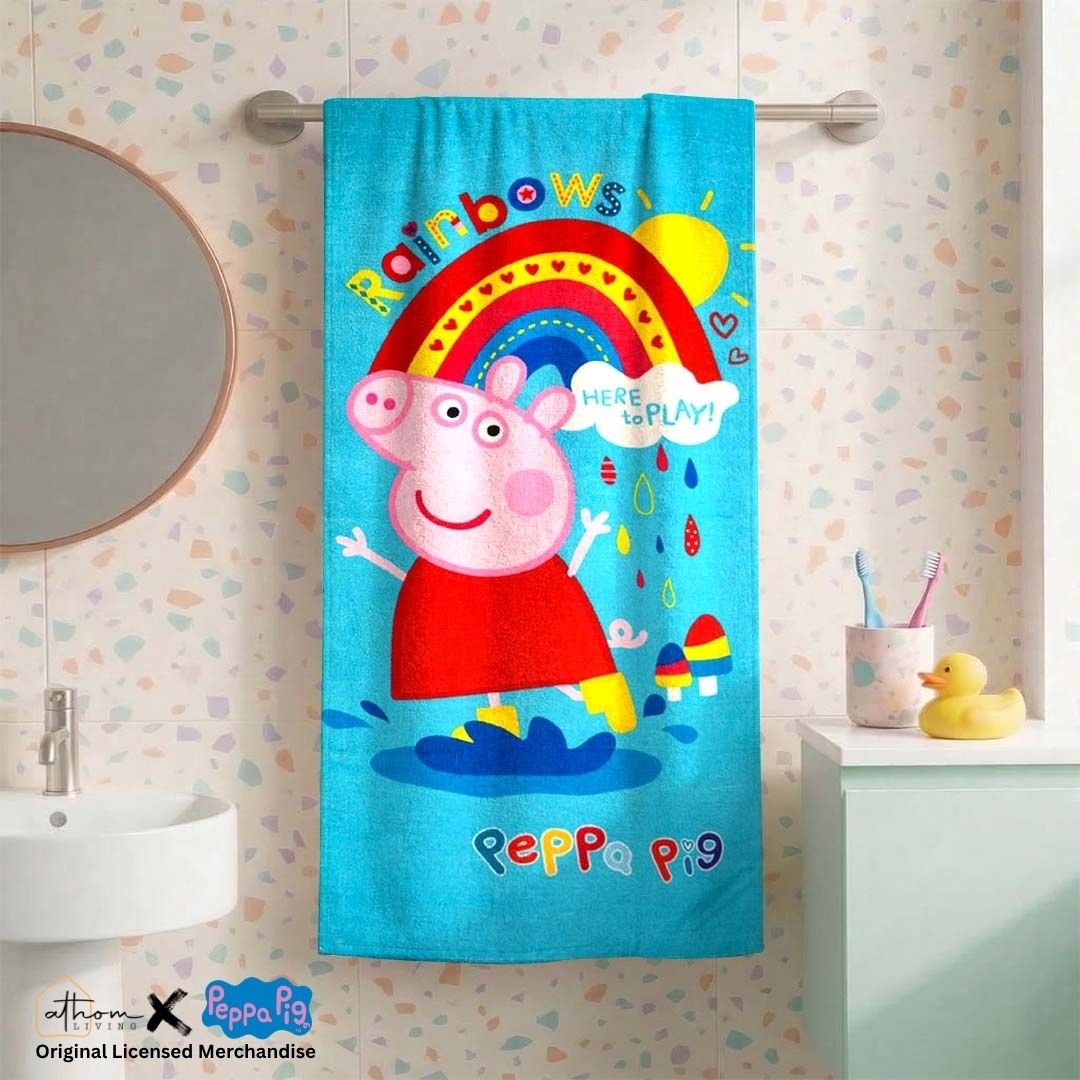 Rainbows Here to Play Peppa Pig Themed Kids Cotton Bath Towel by Athom Living - Athom Living