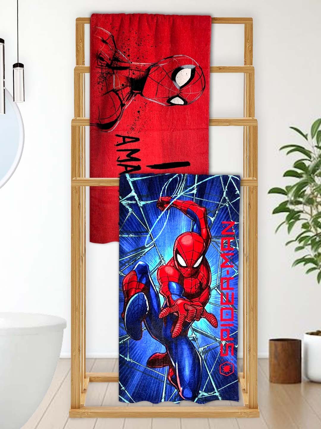 Red Spiderman I Am Amazing & Blue Spiderman Kids Bath Towel Pack of 2 by Athom Living - Athom Living