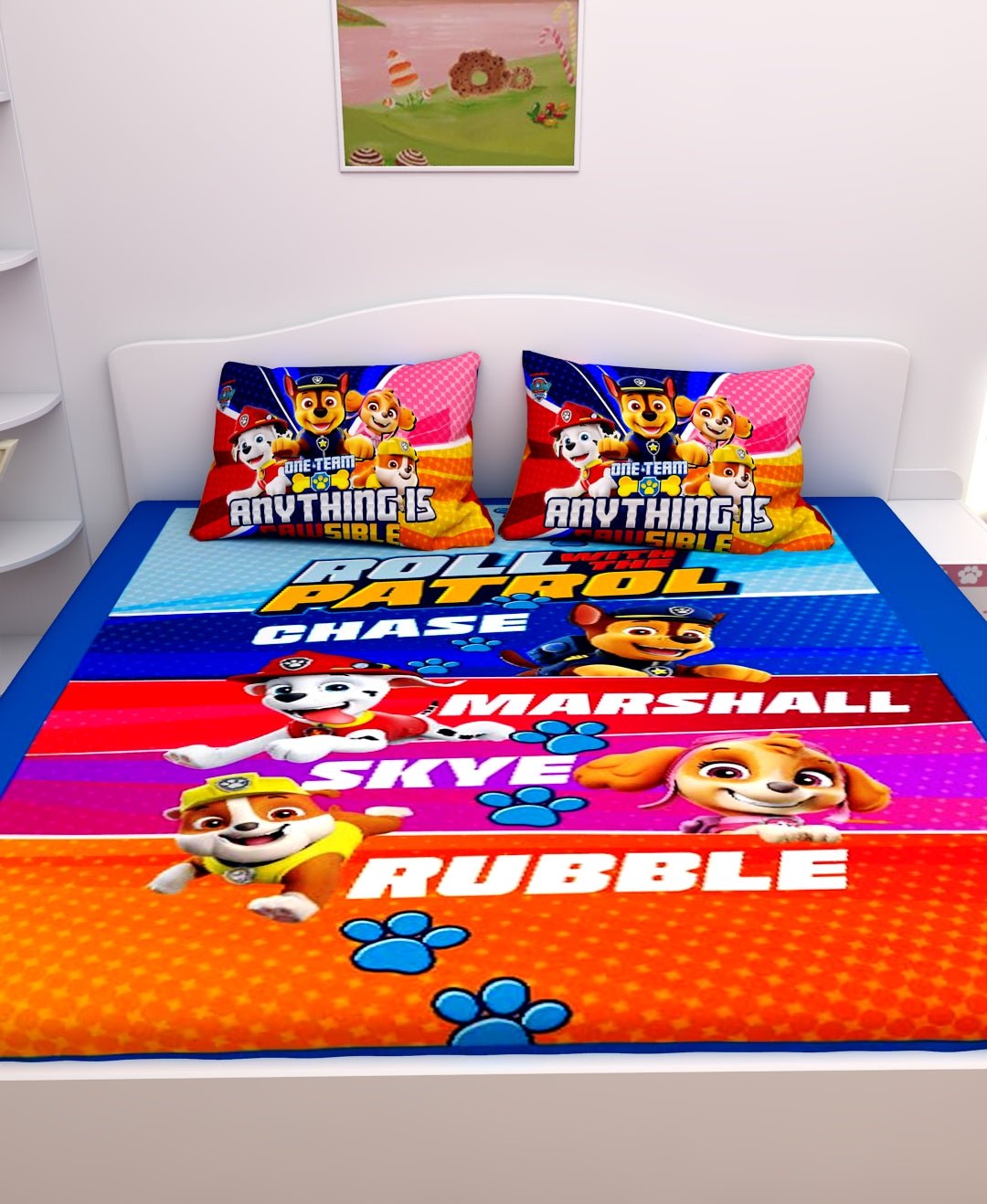 Roll With The Patrol Paw Patrol Kids Cotton Double Bedsheet 2 Pillow Cover by Athom Living - Athom Living