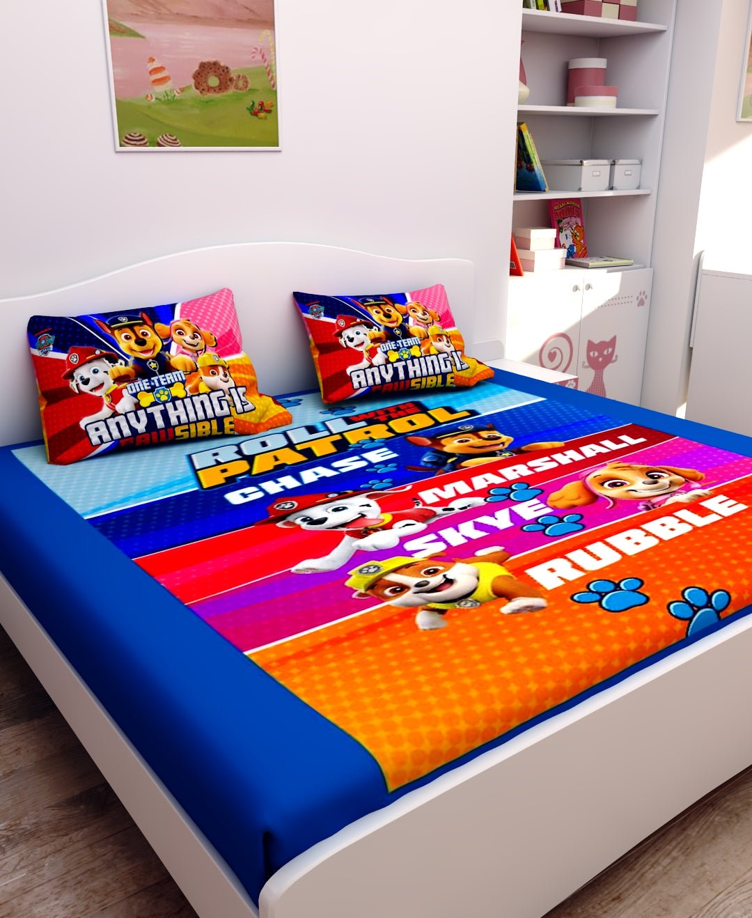 Roll With The Patrol Paw Patrol Kids Cotton Double Bedsheet 2 Pillow Cover by Athom Living - Athom Living